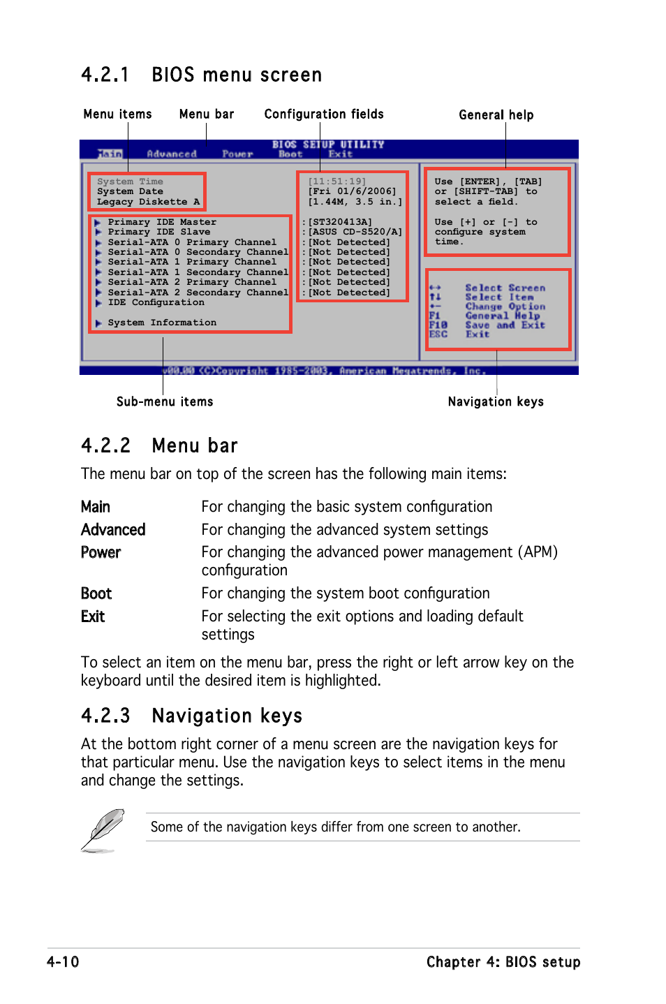 2 menu bar, 3 navigation keys, 1 bios menu screen | Asus KFN5-D SLI User Manual | Page 76 / 146