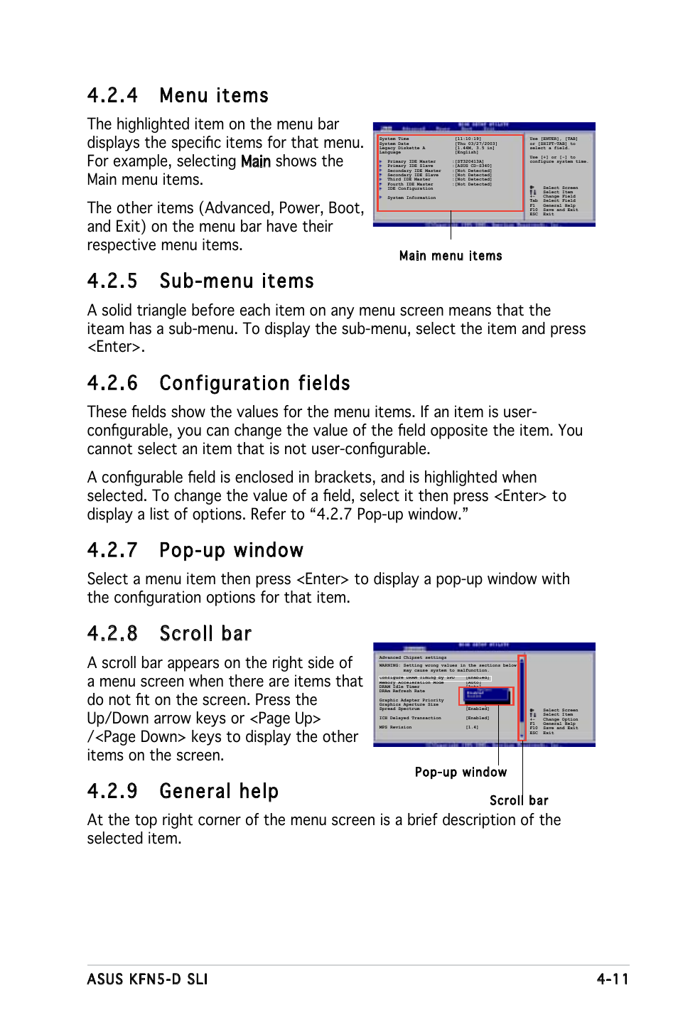 4 menu items, 5 sub-menu items, 6 configuration fields | 7 pop-up window, 8 scroll bar, 9 general help, Asus kfn5-d sli 4-11 | Asus KFN5-D SLI User Manual | Page 77 / 146