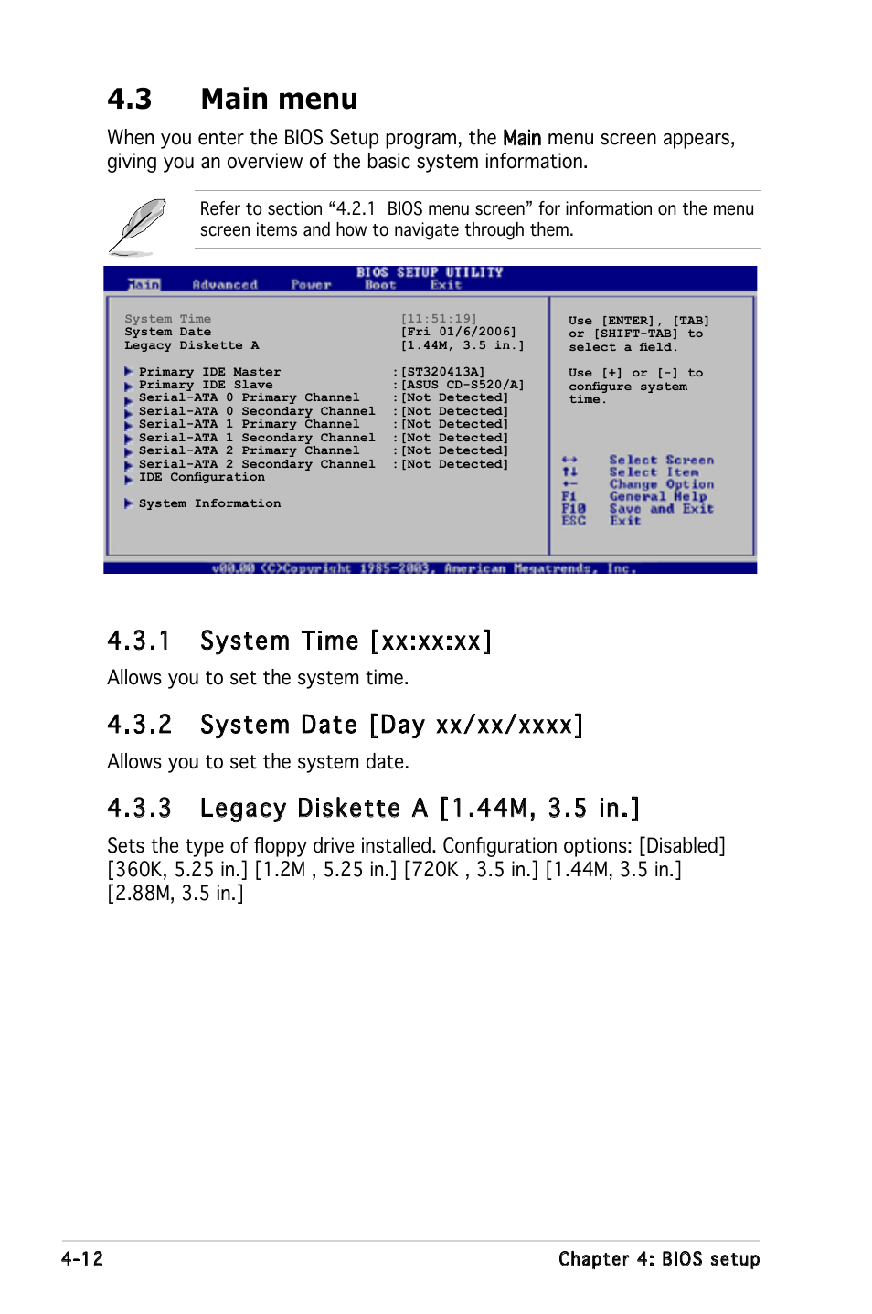 3 main menu, 1 system time [xx:xx:xx, Allows you to set the system time | Allows you to set the system date | Asus KFN5-D SLI User Manual | Page 78 / 146