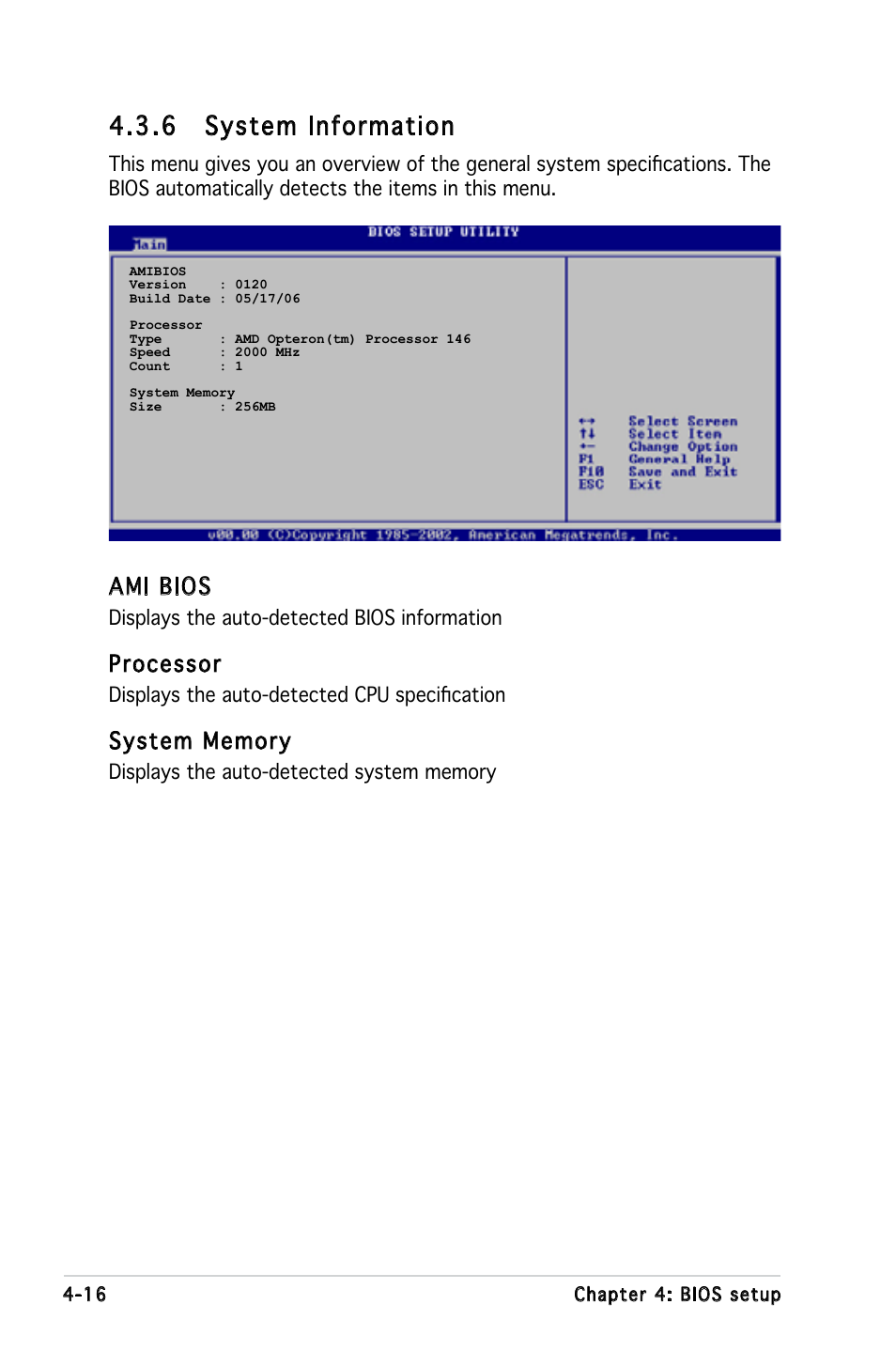 6 system information, Ami bios, Processor | Asus KFN5-D SLI User Manual | Page 82 / 146