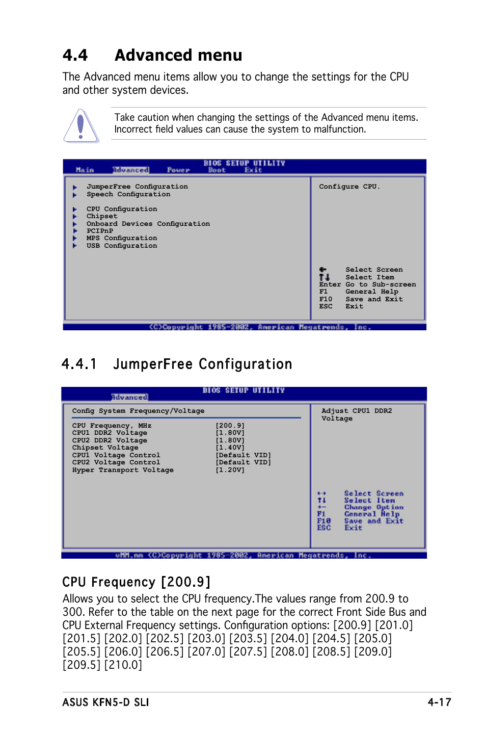 4 advanced menu, 1 jumperfree configuration, Cpu frequency [200.9 | Asus KFN5-D SLI User Manual | Page 83 / 146