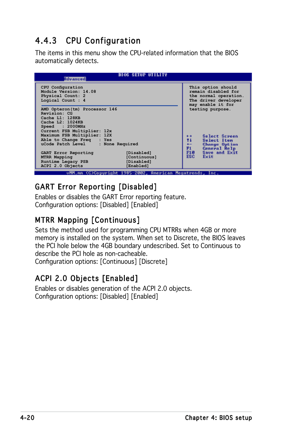 3 cpu configuration, Gart error reporting [disabled, Mtrr mapping [continuous | Acpi 2.0 objects [enabled | Asus KFN5-D SLI User Manual | Page 86 / 146