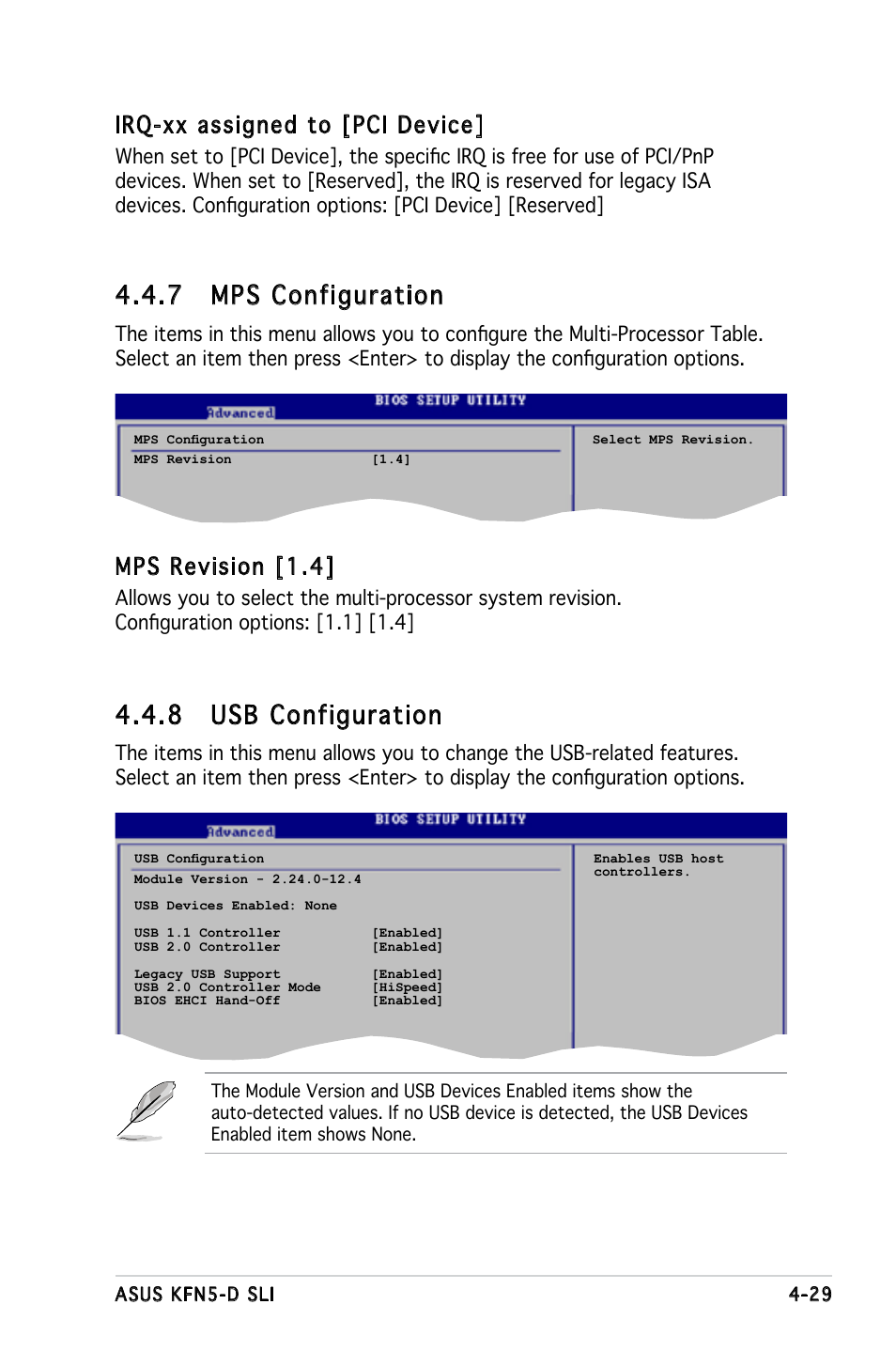 7 mps configuration, 8 usb configuration, Irq-xx assigned to [pci device | Mps revision [1.4 | Asus KFN5-D SLI User Manual | Page 95 / 146