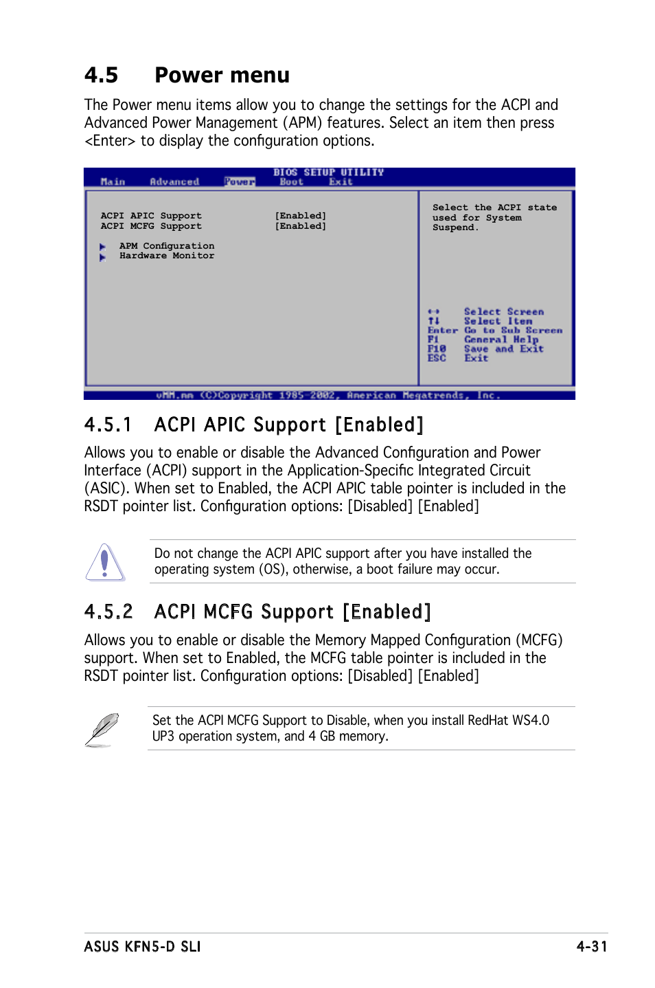 5 power menu, 1 acpi apic support [enabled, 2 acpi mcfg support [enabled | Asus KFN5-D SLI User Manual | Page 97 / 146