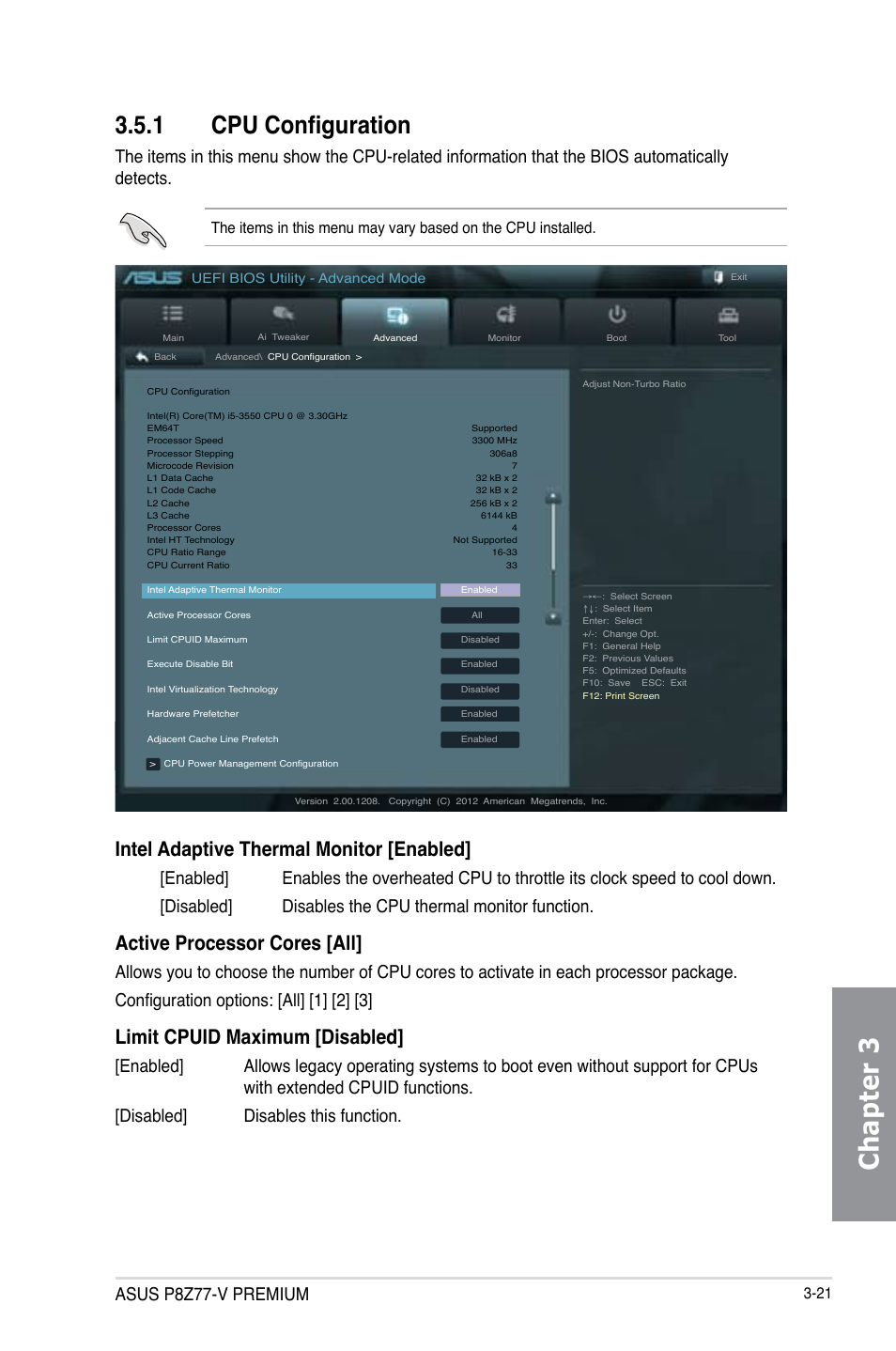 1 cpu configuration, Cpu configuration -21, Chapter 3 | Intel adaptive thermal monitor [enabled, Active processor cores [all, Limit cpuid maximum [disabled, Asus p8z77-v premium | Asus P8Z77-V PREMIUM User Manual | Page 107 / 208