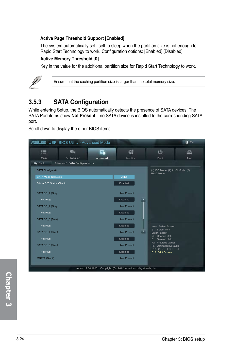 3 sata configuration, Sata configuration -24, Chapter 3 | Chapter 3: bios setup, Uefi bios utility - advanced mode | Asus P8Z77-V PREMIUM User Manual | Page 110 / 208