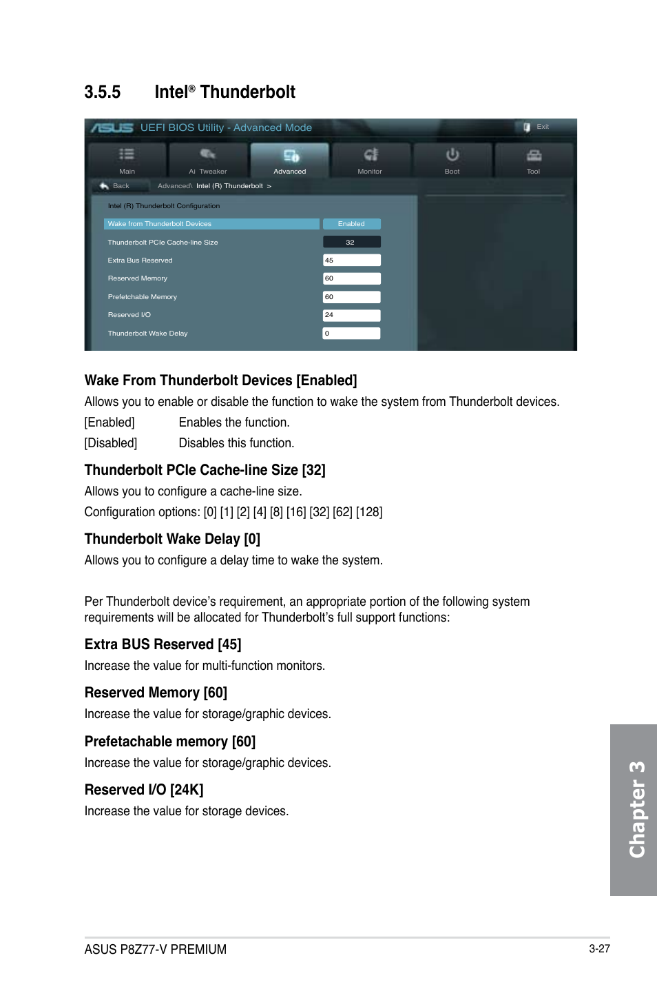 5 intel® thunderbolt, Intel, Thunderbolt -27 | Chapter 3, 5 intel, Thunderbolt, Wake from thunderbolt devices [enabled, Thunderbolt pcie cache-line size [32, Thunderbolt wake delay [0, Extra bus reserved [45 | Asus P8Z77-V PREMIUM User Manual | Page 113 / 208