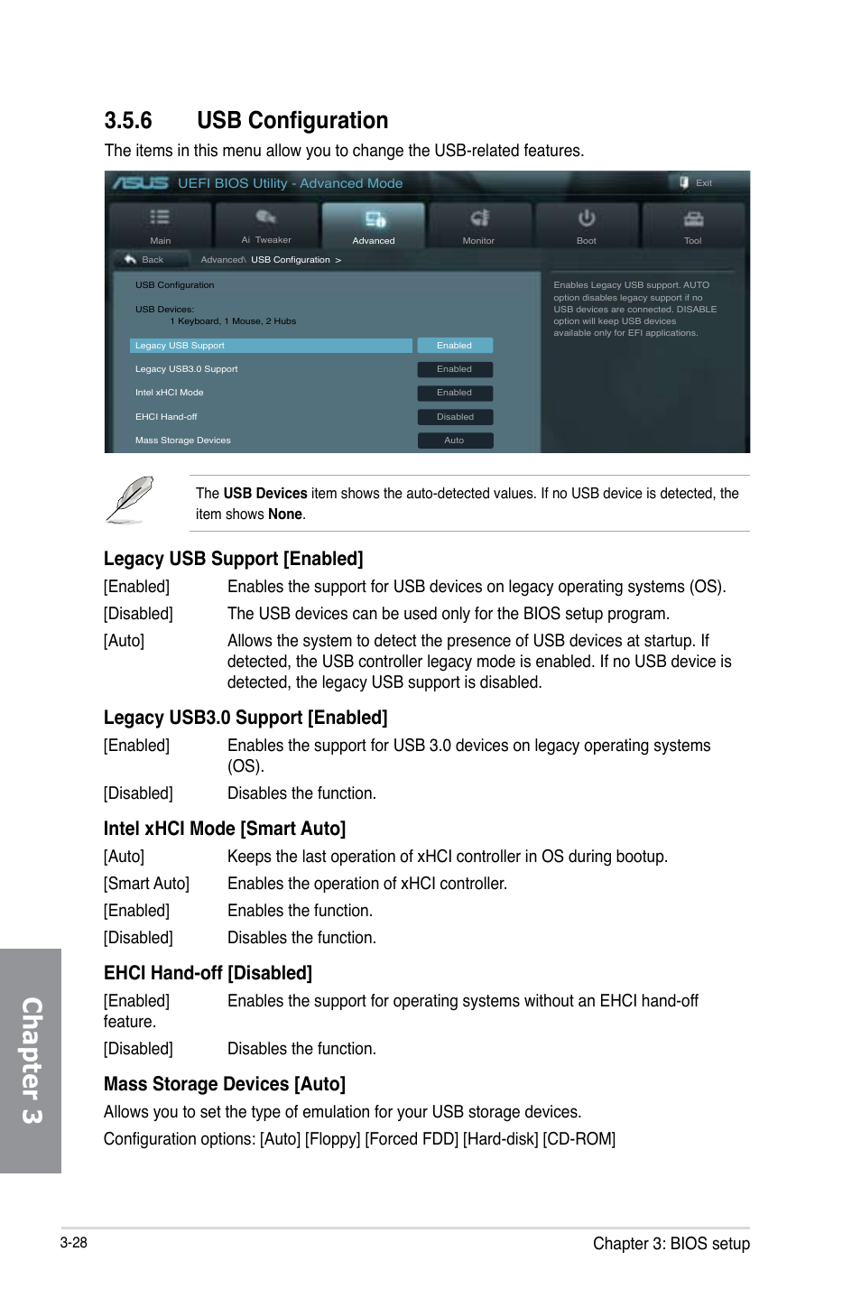 6 usb configuration, Usb configuration -28, Chapter 3 | Legacy usb support [enabled, Legacy usb3.0 support [enabled, Intel xhci mode [smart auto, Ehci hand-off [disabled, Mass storage devices [auto, Chapter 3: bios setup | Asus P8Z77-V PREMIUM User Manual | Page 114 / 208