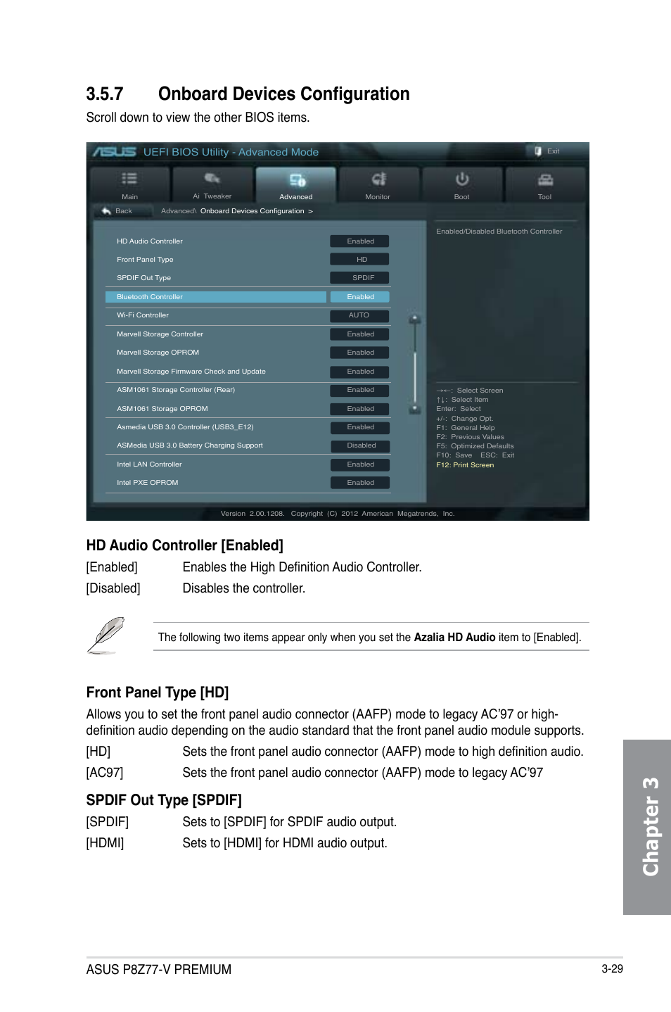 7 onboard devices configuration, Onboard devices configuration -29, Chapter 3 | Hd audio controller [enabled, Front panel type [hd, Spdif out type [spdif, Asus p8z77-v premium, Scroll down to view the other bios items | Asus P8Z77-V PREMIUM User Manual | Page 115 / 208