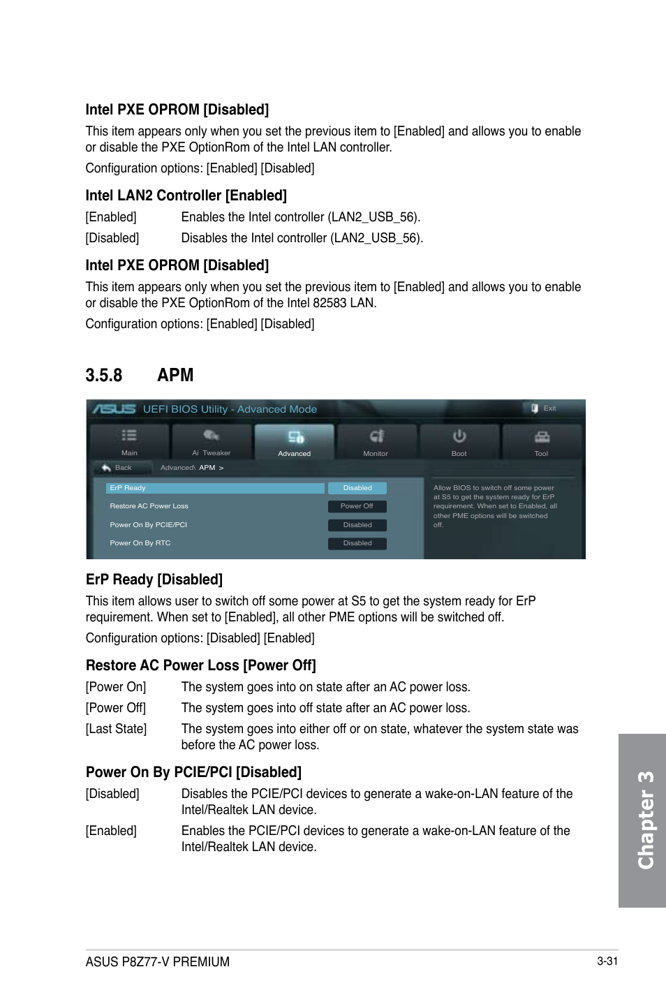 8 apm, Apm -31, Chapter 3 | Intel pxe oprom [disabled, Intel lan2 controller [enabled, Erp ready [disabled, Restore ac power loss [power off, Power on by pcie/pci [disabled, Asus p8z77-v premium | Asus P8Z77-V PREMIUM User Manual | Page 117 / 208