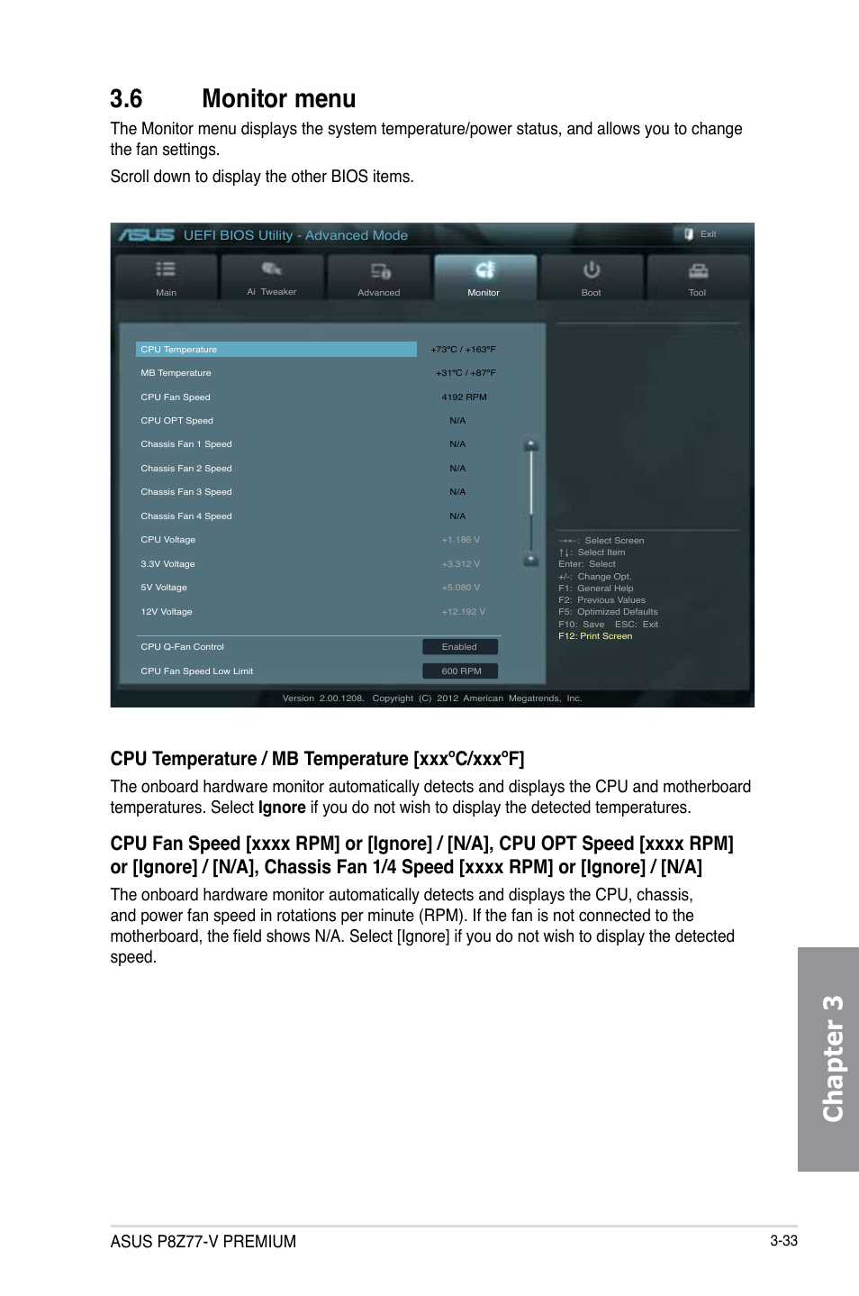 6 monitor menu, Monitor menu -33, Chapter 3 3.6 monitor menu | Cpu temperature / mb temperature [xxxºc/xxxºf, Asus p8z77-v premium | Asus P8Z77-V PREMIUM User Manual | Page 119 / 208