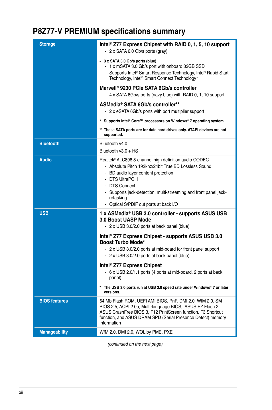 P8z77-v premium specifications summary, Intel, Marvell | Asmedia, Sata 6gb/s controller, 1 x asmedia, Z77 express chipset | Asus P8Z77-V PREMIUM User Manual | Page 12 / 208