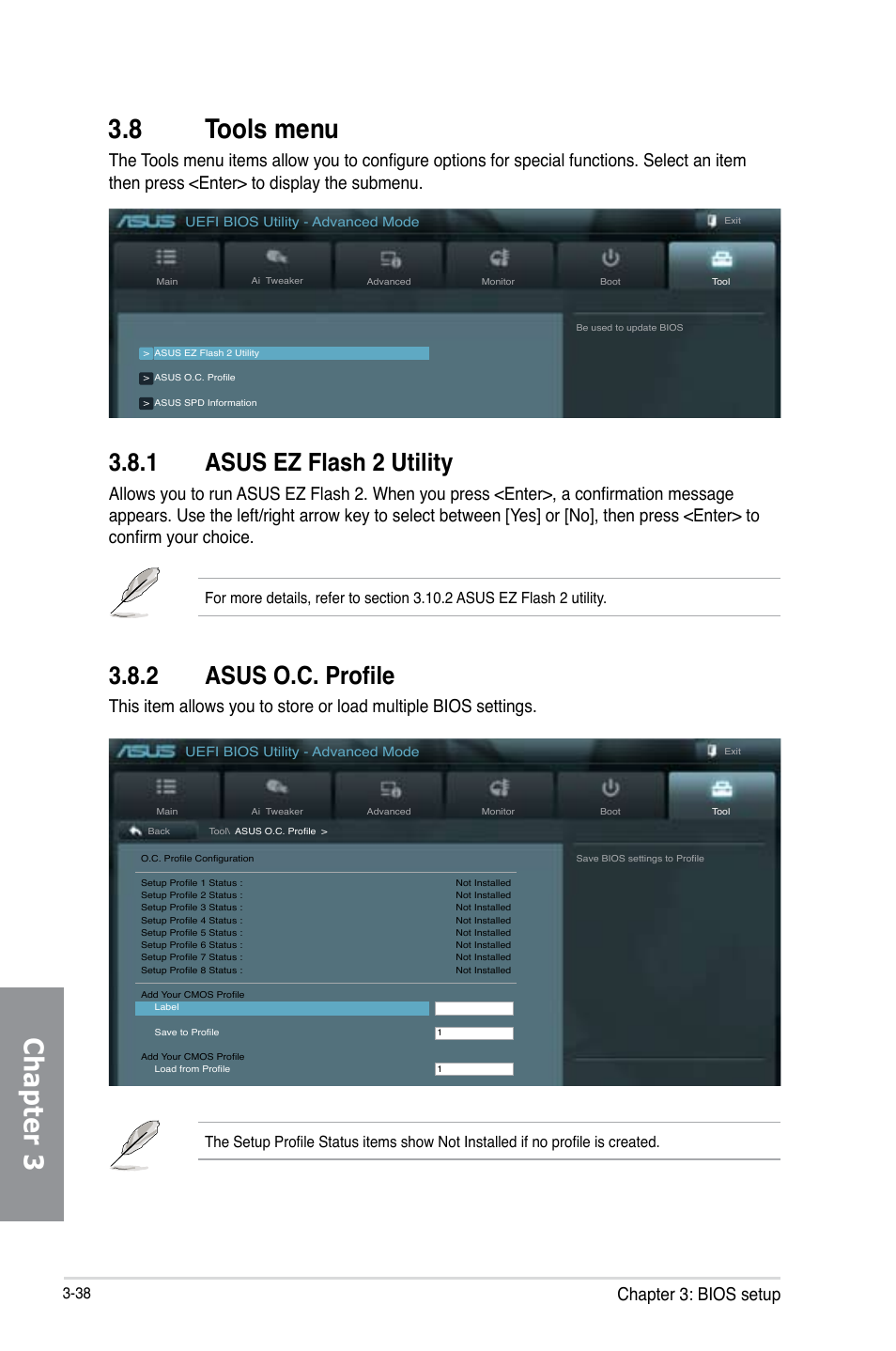 8 tools menu, 1 asus ez flash 2 utility, 2 asus o.c. profile | Tools menu -38 3.8.1, Asus ez flash 2 utility -38, Asus o.c. profile -38, Chapter 3 3.8 tools menu, Chapter 3: bios setup | Asus P8Z77-V PREMIUM User Manual | Page 124 / 208