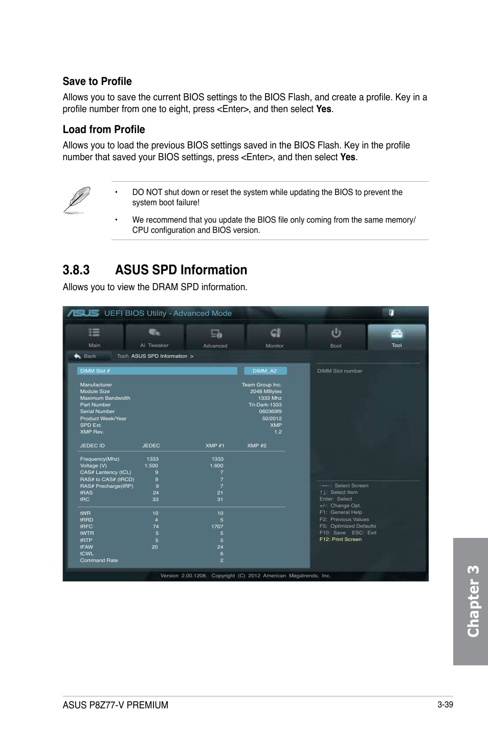3 asus spd information, Asus spd information -39, Chapter 3 | Save to profile, Load from profile, Asus p8z77-v premium, Allows you to view the dram spd information | Asus P8Z77-V PREMIUM User Manual | Page 125 / 208