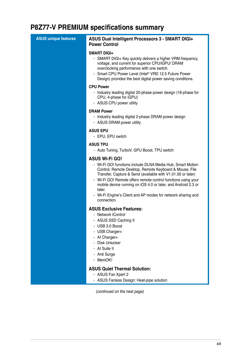 P8z77-v premium specifications summary | Asus P8Z77-V PREMIUM User Manual | Page 13 / 208