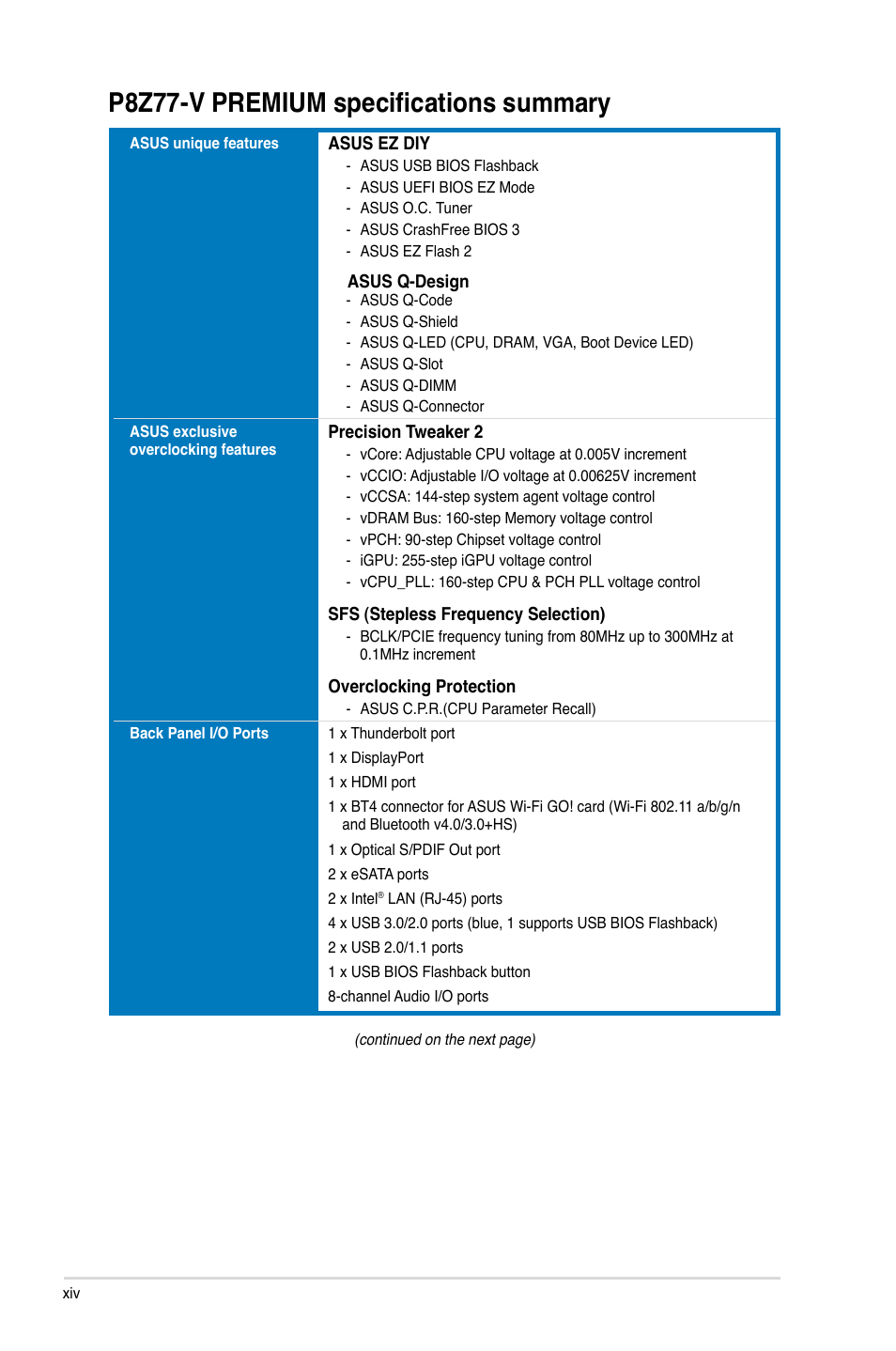 P8z77-v premium specifications summary | Asus P8Z77-V PREMIUM User Manual | Page 14 / 208