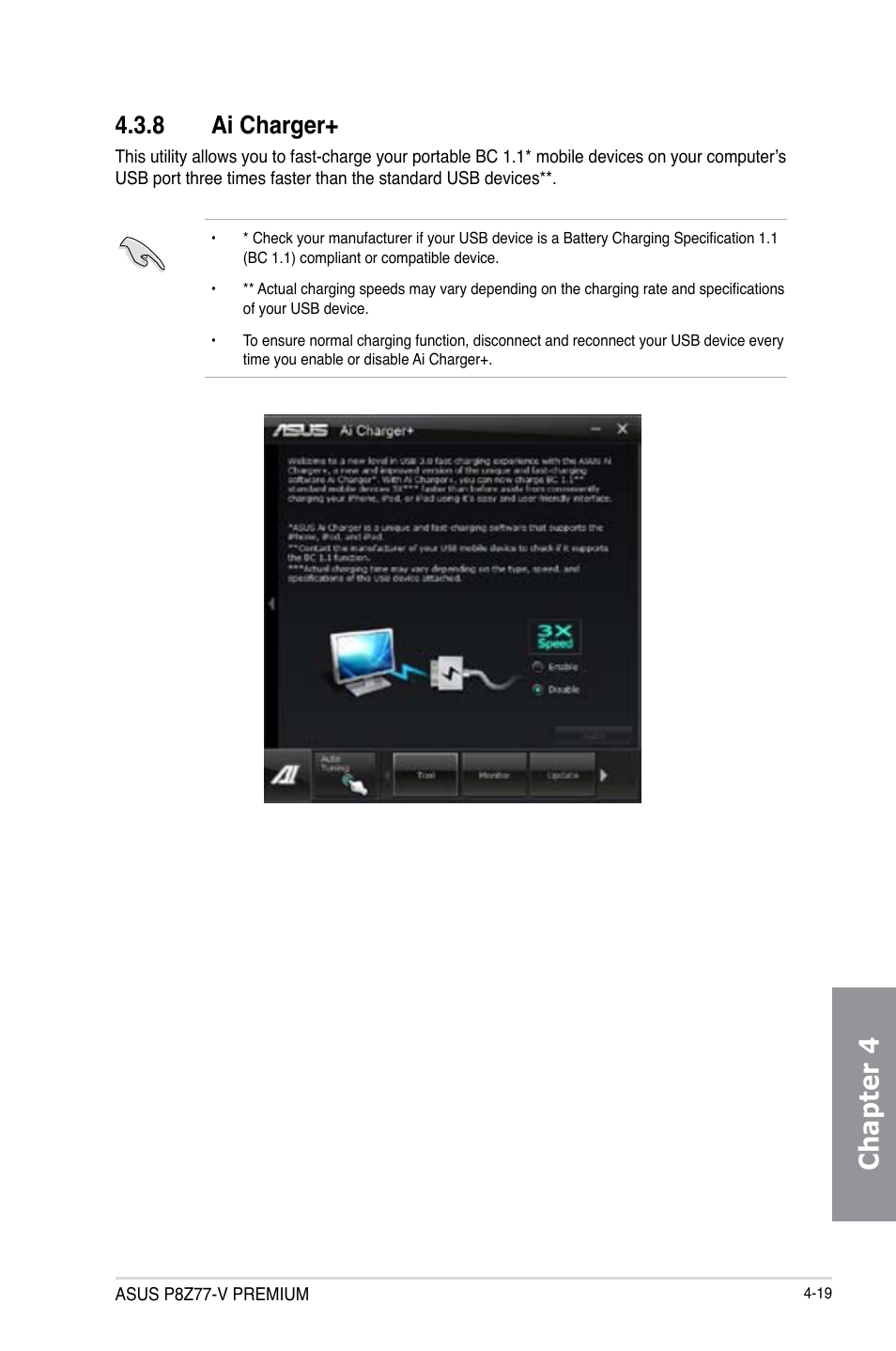 8 ai charger, Ai charger+ -19, Chapter 4 | Asus P8Z77-V PREMIUM User Manual | Page 153 / 208