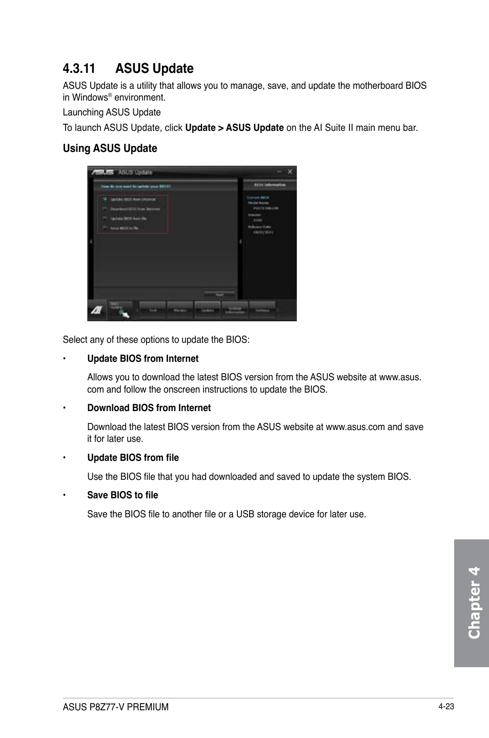 11 asus update, Asus update -23, Chapter 4 | Asus P8Z77-V PREMIUM User Manual | Page 157 / 208