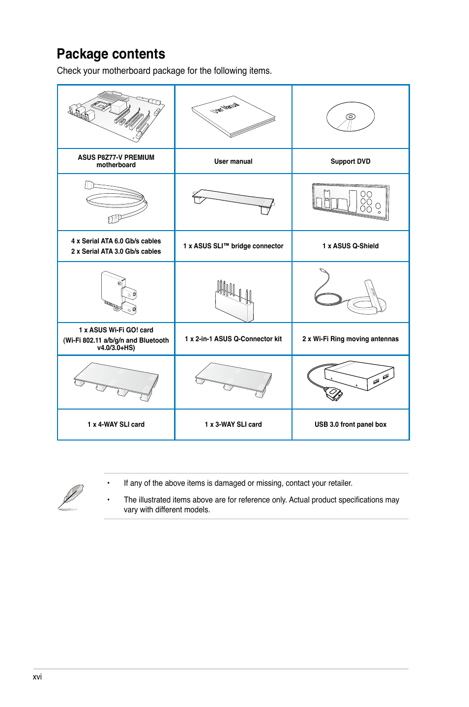 Package contents | Asus P8Z77-V PREMIUM User Manual | Page 16 / 208