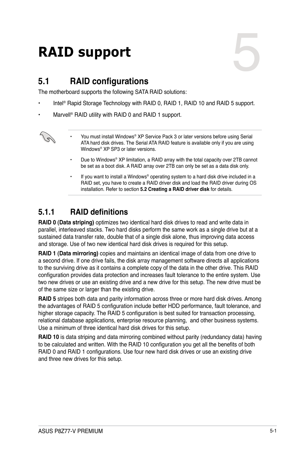 Raid support, 1 raid configurations, 1 raid definitions | Raid configurations -1 5.1.1, Raid definitions -1, Chapter 5 | Asus P8Z77-V PREMIUM User Manual | Page 161 / 208