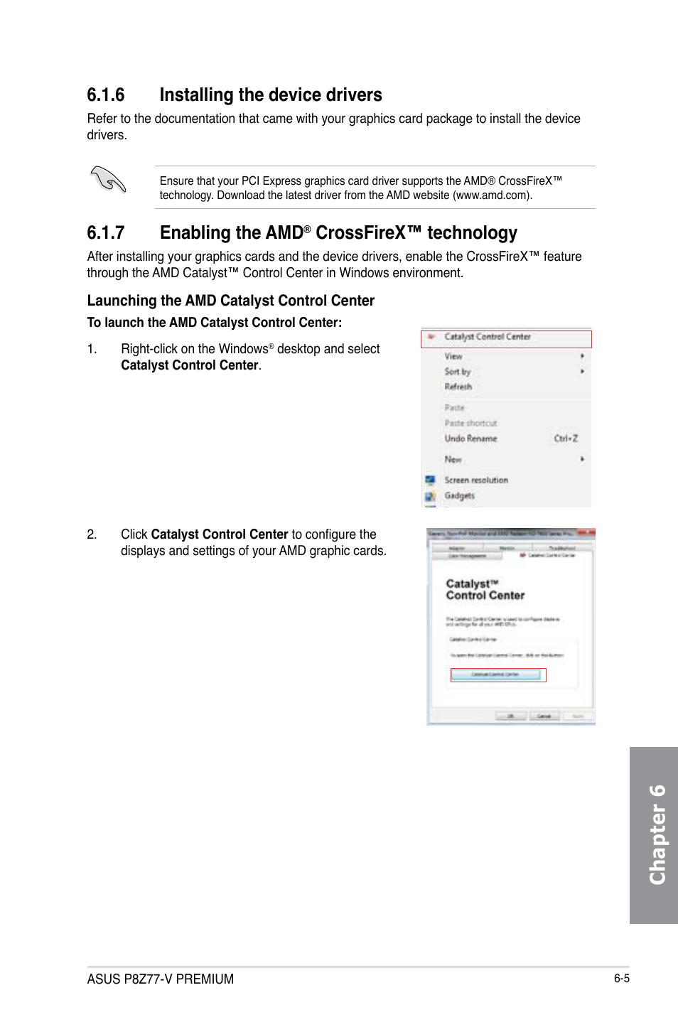 6 installing the device drivers, 7 enabling the amd® crossfirex™ technology, Installing the device drivers -5 | Enabling the amd, Crossfirex™ technology -5, Chapter 6, 7 enabling the amd, Crossfirex™ technology | Asus P8Z77-V PREMIUM User Manual | Page 179 / 208