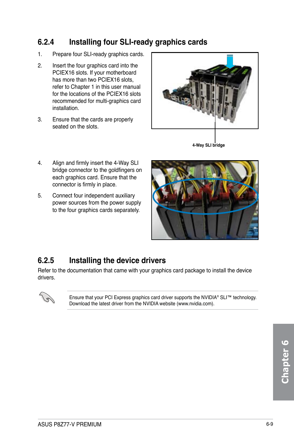 4 installing four sli-ready graphics cards, 5 installing the device drivers, Installing four sli-ready graphics cards -9 | Installing the device drivers -9, Chapter 6 | Asus P8Z77-V PREMIUM User Manual | Page 183 / 208