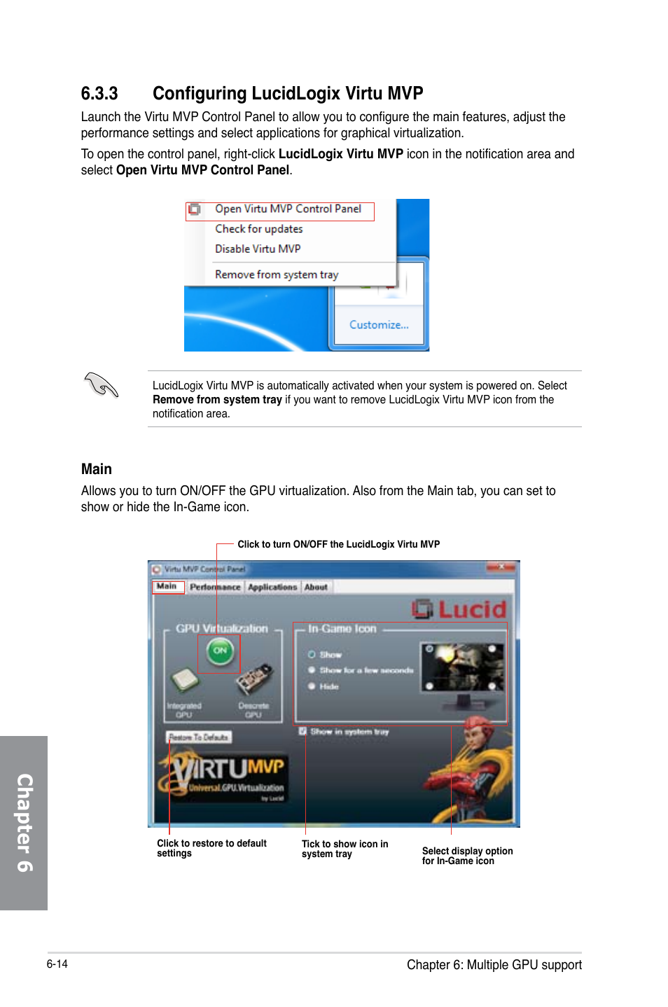 3 configuring lucidlogix virtu mvp, Configuring lucidlogix virtu mvp -14, Chapter 6 | Asus P8Z77-V PREMIUM User Manual | Page 188 / 208