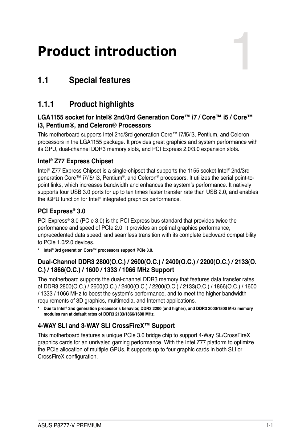 Product introduction, 1 special features, 1 product highlights | Special features -1 1.1.1, Product highlights -1, Chapter 1 | Asus P8Z77-V PREMIUM User Manual | Page 19 / 208
