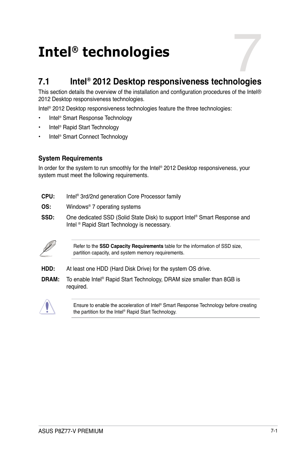 Intel® technologies, 1 intel® 2012 desktop responsiveness technologies, Intel | Technologies, 2012 desktop responsiveness technologies -1, Chapter 7, 1 intel, 2012 desktop responsiveness technologies | Asus P8Z77-V PREMIUM User Manual | Page 191 / 208