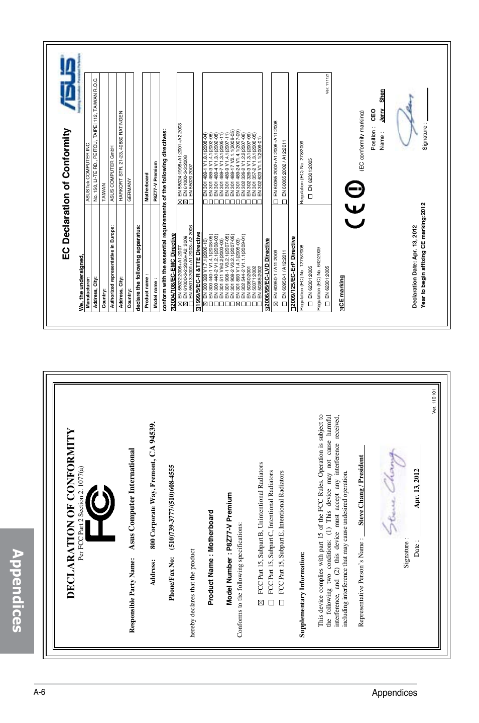 Declaration of conformity, Appendices, Ec declaration of conformity | As us c om pu te r i nt er na tio na l | Asus P8Z77-V PREMIUM User Manual | Page 208 / 208