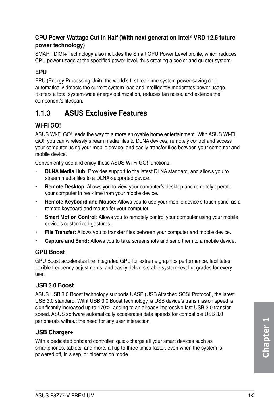 3 asus exclusive features, Asus exclusive features -3, Chapter 1 | Asus P8Z77-V PREMIUM User Manual | Page 21 / 208