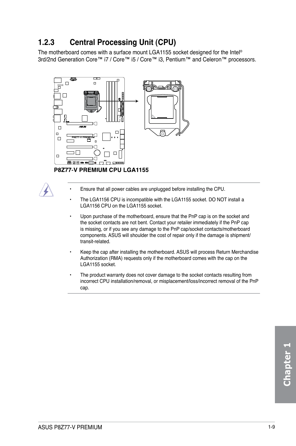 3 central processing unit (cpu), Central processing unit (cpu) -9, Chapter 1 | Asus P8Z77-V PREMIUM User Manual | Page 27 / 208