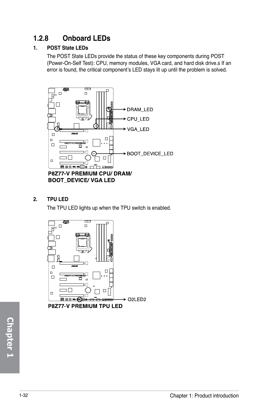 8 onboard leds, Onboard leds -32, Chapter 1 | Asus P8Z77-V PREMIUM User Manual | Page 50 / 208