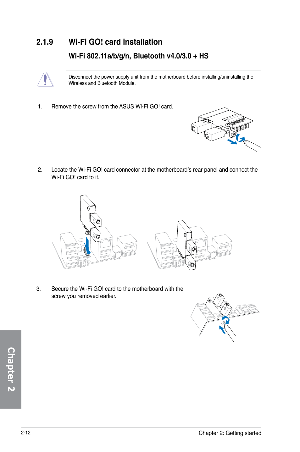 9 wi-fi go! card installation, Wi-fi go! card installation -12, Chapter 2 | Asus P8Z77-V PREMIUM User Manual | Page 78 / 208