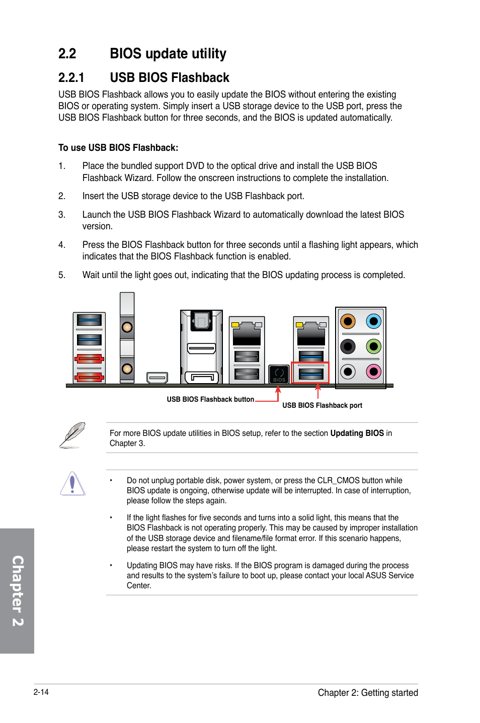 2 bios update utility, 1 usb bios flashback, Bios update utility -14 2.2.1 | Usb bios flashback -14, Chapter 2 2.2 bios update utility | Asus P8Z77-V PREMIUM User Manual | Page 80 / 208