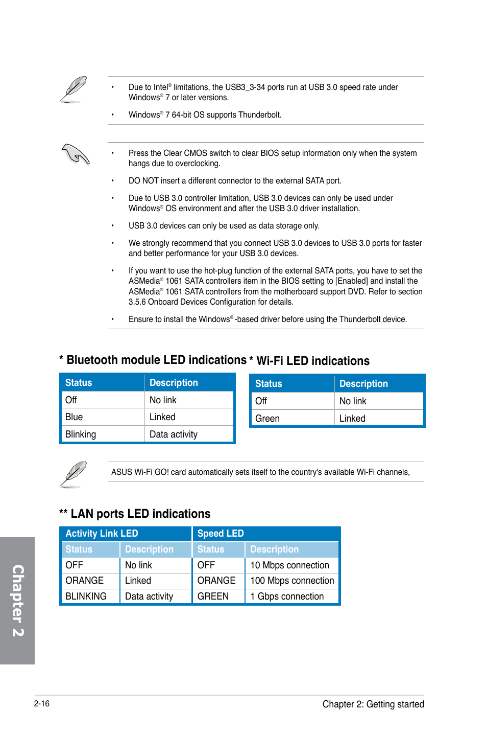 Chapter 2, Bluetooth module led indications, Wi-fi led indications | Lan ports led indications | Asus P8Z77-V PREMIUM User Manual | Page 82 / 208