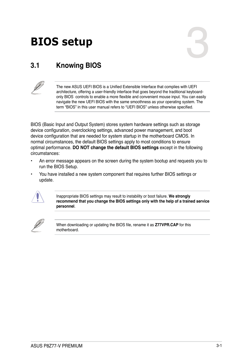 Bios setup, 1 knowing bios, Knowing bios -1 | Asus P8Z77-V PREMIUM User Manual | Page 87 / 208