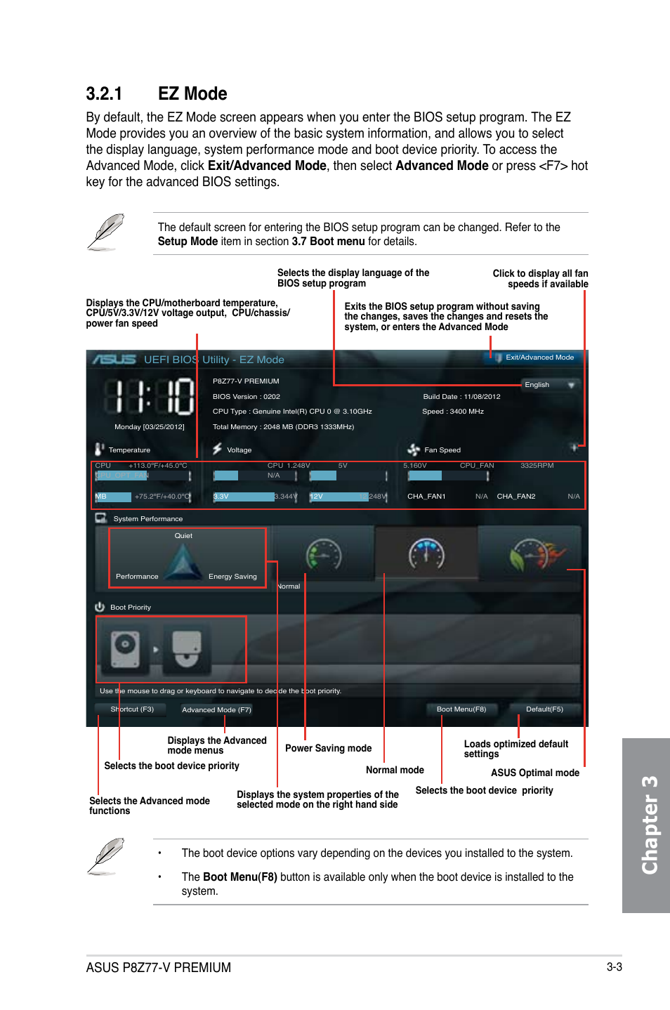 1 ez mode, Ez mode -3, Chapter 3 | Asus p8z77-v premium | Asus P8Z77-V PREMIUM User Manual | Page 89 / 208
