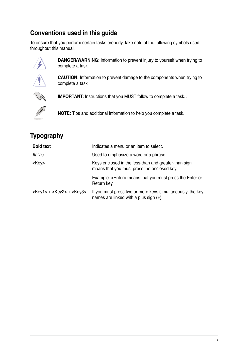 Conventions used in this guide, Typography | Asus P8Z77-V PREMIUM User Manual | Page 9 / 208