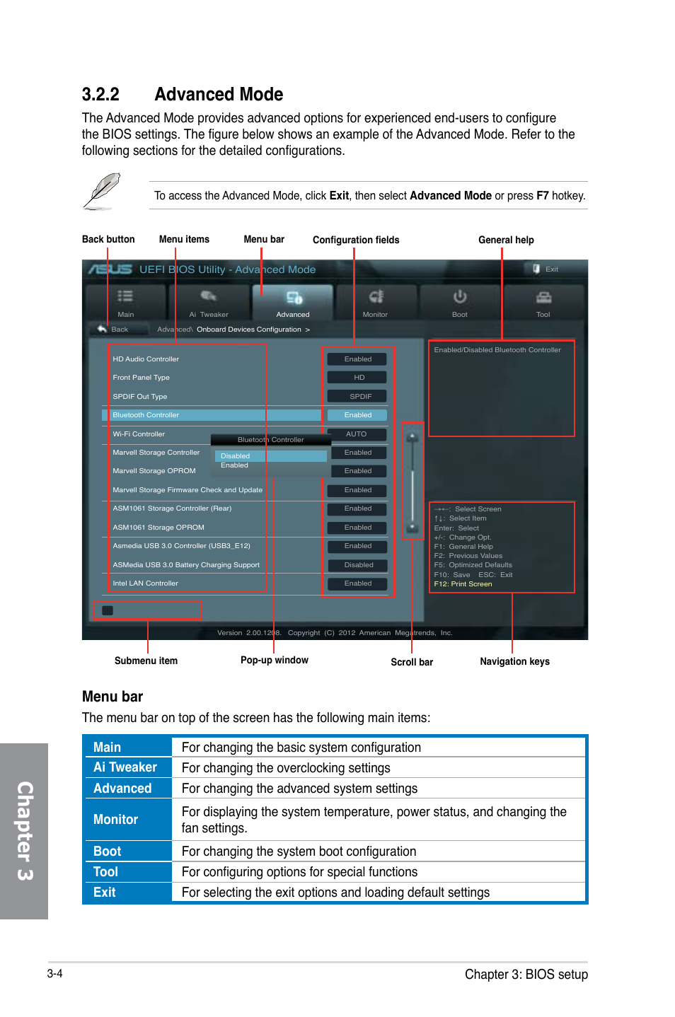 2 advanced mode, Advanced mode -4, Chapter 3 | Menu bar, Chapter 3: bios setup | Asus P8Z77-V PREMIUM User Manual | Page 90 / 208