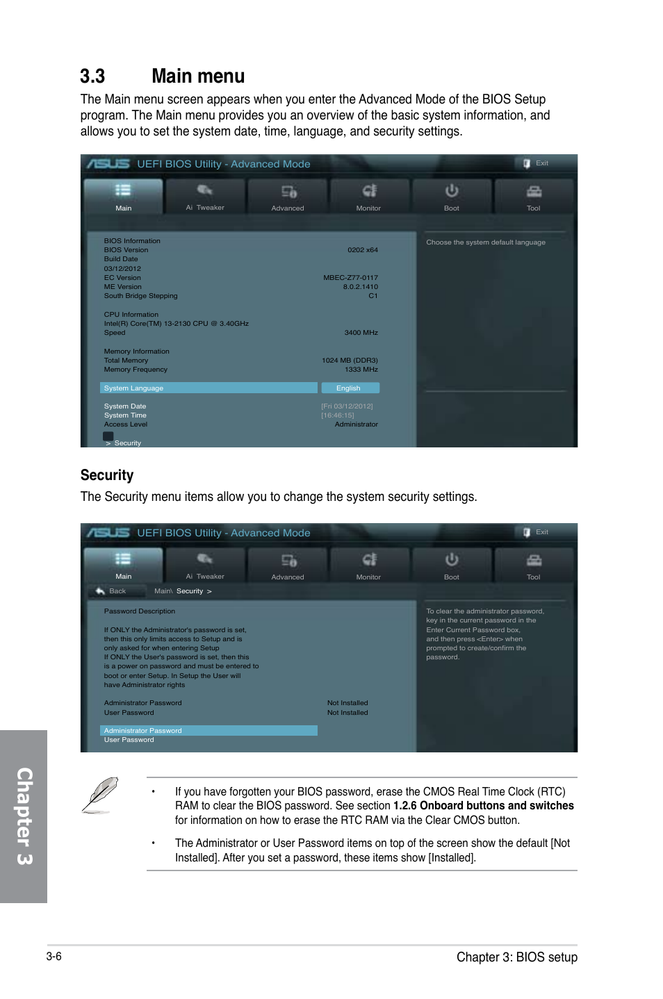 3 main menu, Main menu -6, Chapter 3 3.3 main menu | Security, Chapter 3: bios setup | Asus P8Z77-V PREMIUM User Manual | Page 92 / 208