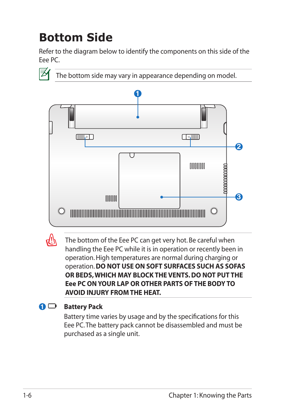 Bottom side, Bottom side -6 | Asus Eee PC R251P User Manual | Page 14 / 62