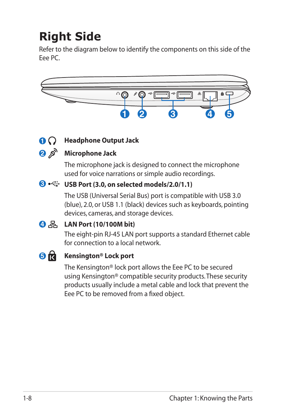 Right side, Right side -8 | Asus Eee PC R251P User Manual | Page 16 / 62