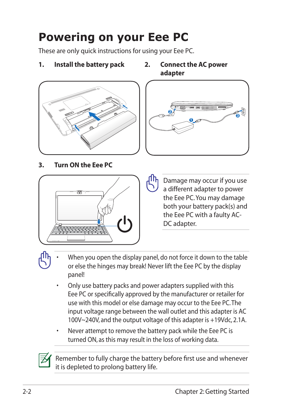 Powering on your eee pc, Powering on your eee pc -2 | Asus Eee PC R251P User Manual | Page 24 / 62