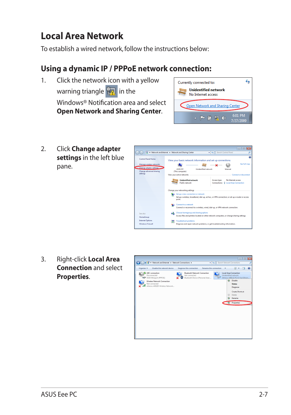 Local area network, Local area network -7 | Asus Eee PC R251P User Manual | Page 29 / 62