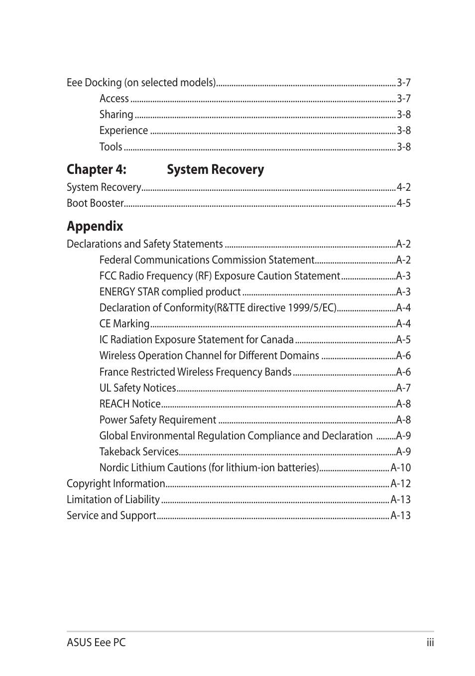 Chapter 4: system recovery, Appendix | Asus Eee PC R251P User Manual | Page 3 / 62