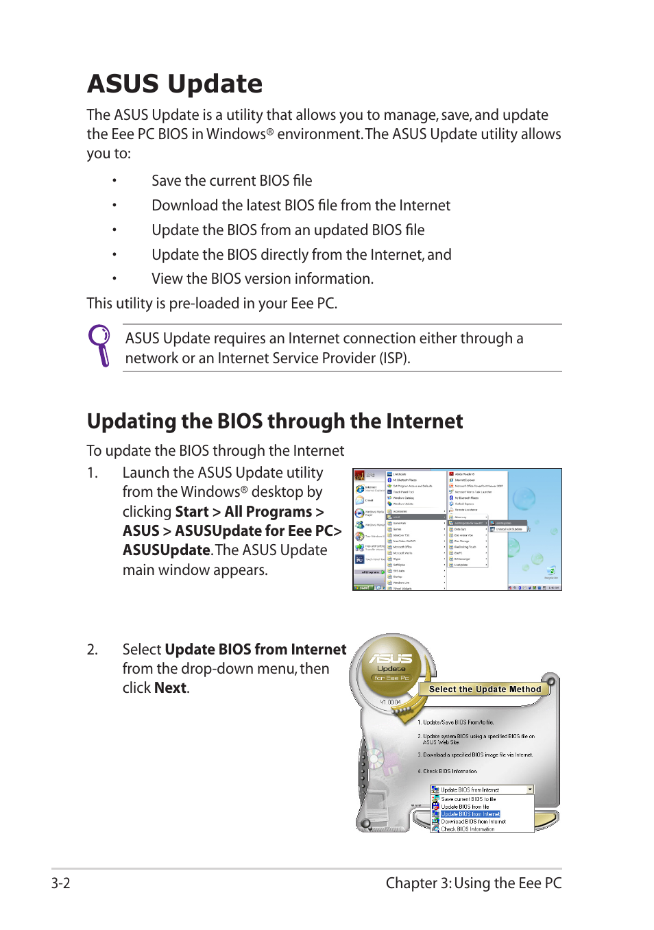 Asus update, Updating the bios through the internet, Asus update -2 | Updating the bios through the internet -2 | Asus Eee PC R251P User Manual | Page 34 / 62