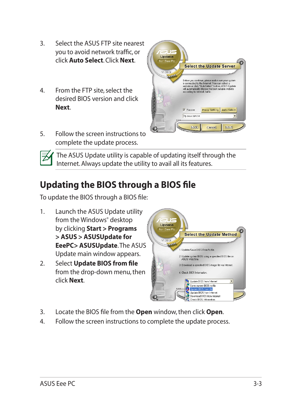 Updating the bios through a bios file, Updating the bios through a bios file -3 | Asus Eee PC R251P User Manual | Page 35 / 62