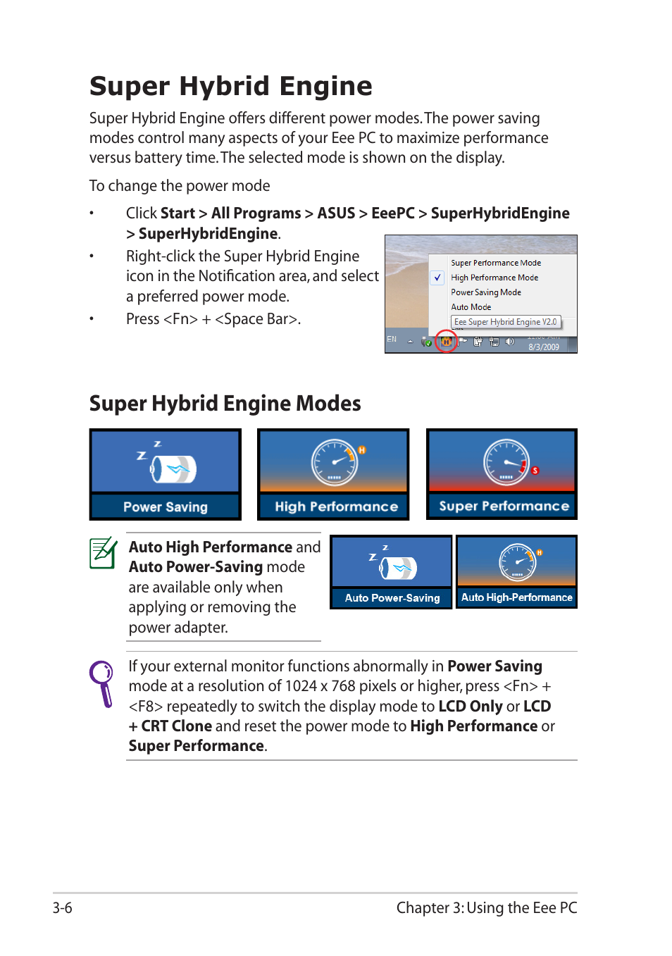 Super hybrid engine, Super hybrid engine modes, Super hybrid engine -6 | Super hybrid engine modes -6 | Asus Eee PC R251P User Manual | Page 38 / 62