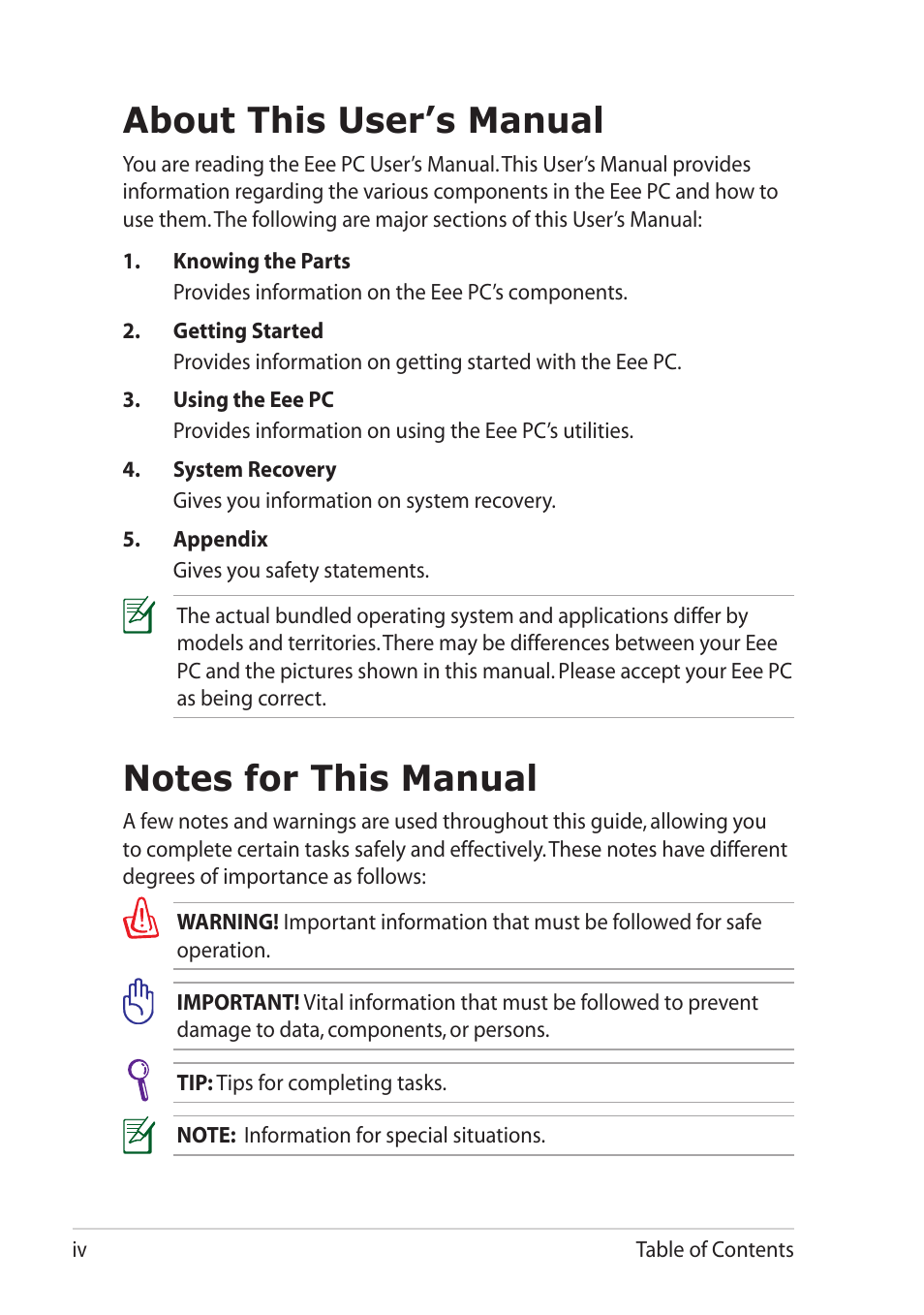 About this user’s manual, Notes for this manual | Asus Eee PC R251P User Manual | Page 4 / 62
